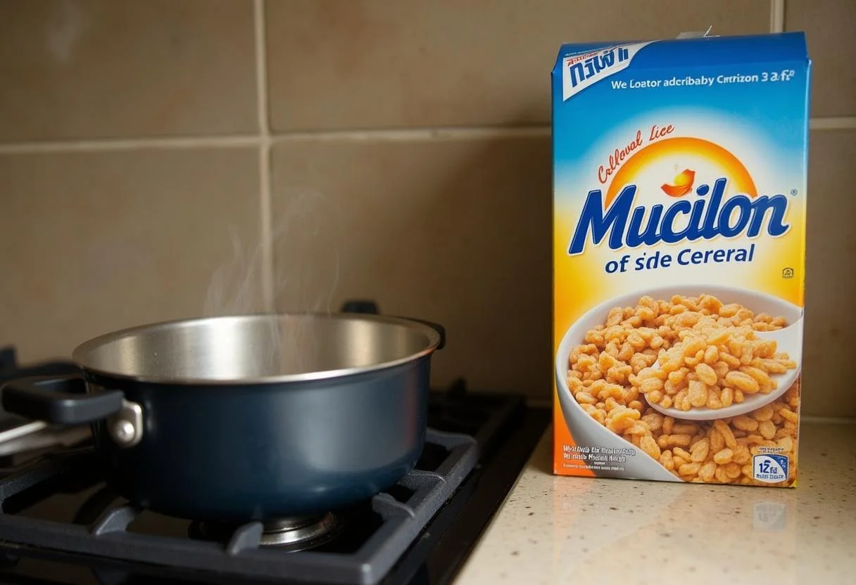 Heating water for mingau mucilon de arroz infantil preparation.