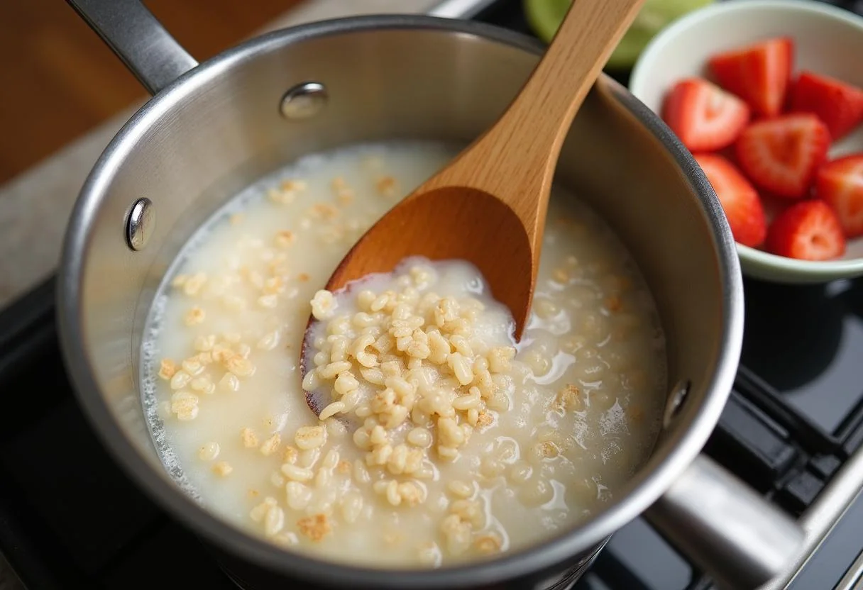 Stirring Mucilon rice cereal into boiling water for baby porridge.