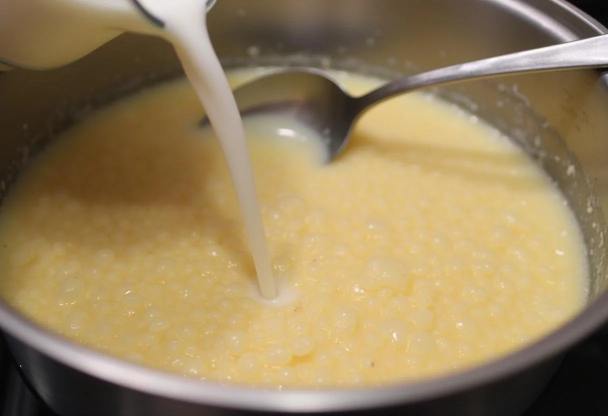 Adding milk to the cooked Mucilon rice cereal for a creamy texture.