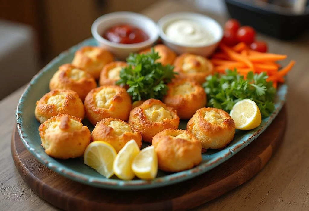 Gorgeous platter of mini pao frances appetizers decorated with dips for a festive celebration.