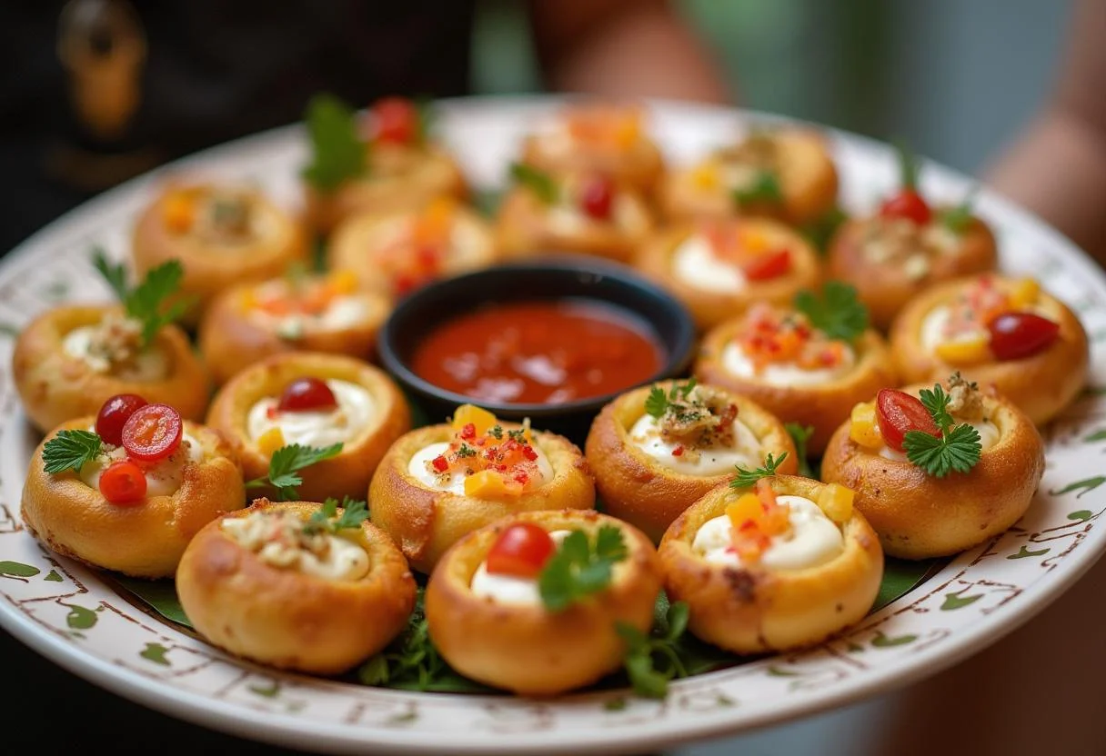 Gorgeous platter of mini pao frances appetizers decorated with dips for a festive celebration.