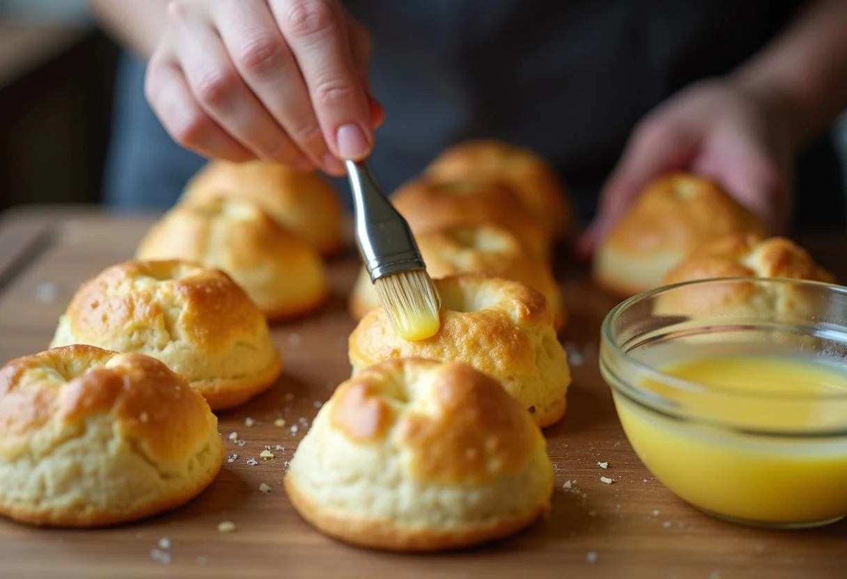 Brushing melted butter on mini pao frances for a flavorful appetizer.