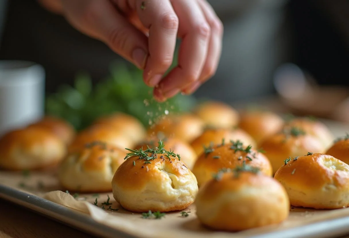 Herbs sprinkled on mini pao frances to enhance flavor for festive appetizers.