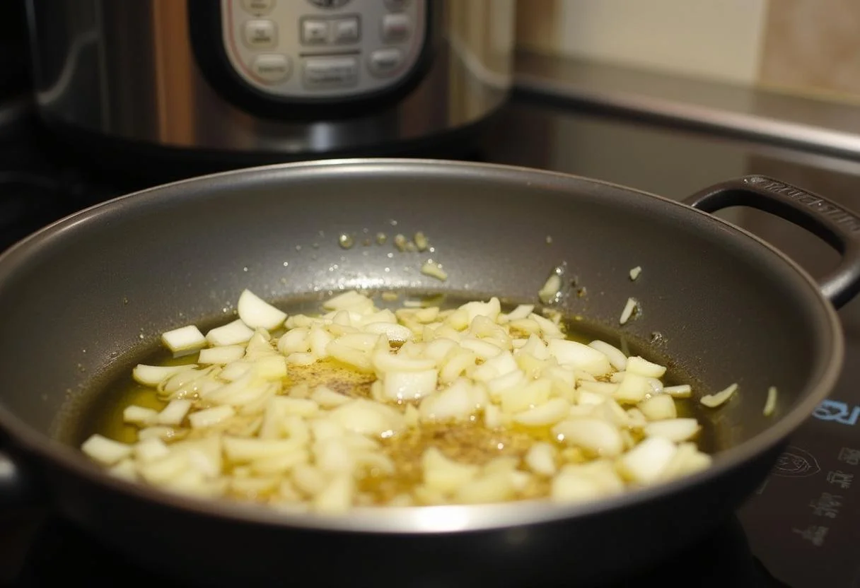 Cebolas e alho sendo refogados para a mistura da moela de frango na pressão, mostrando a tabela nutricional da moela de frango.