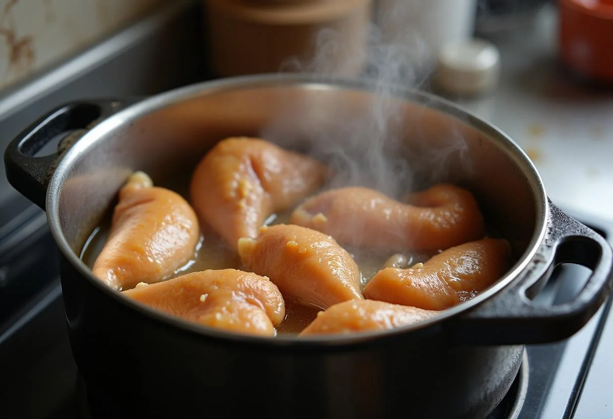 Panela de pressão fechada liberando vapor, cozinhando moela de frango, com atenção à tabela nutricional da moela de frango.