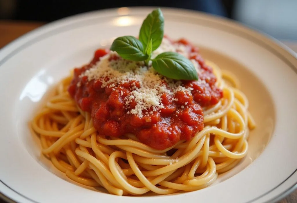 Prato de massa com molho de tomate caseiro italiano, perfeito para refeições.