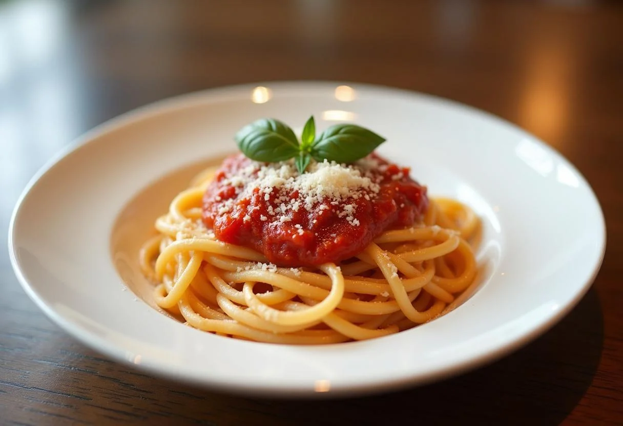 Prato de massa com molho de tomate caseiro italiano, perfeito para refeições.
