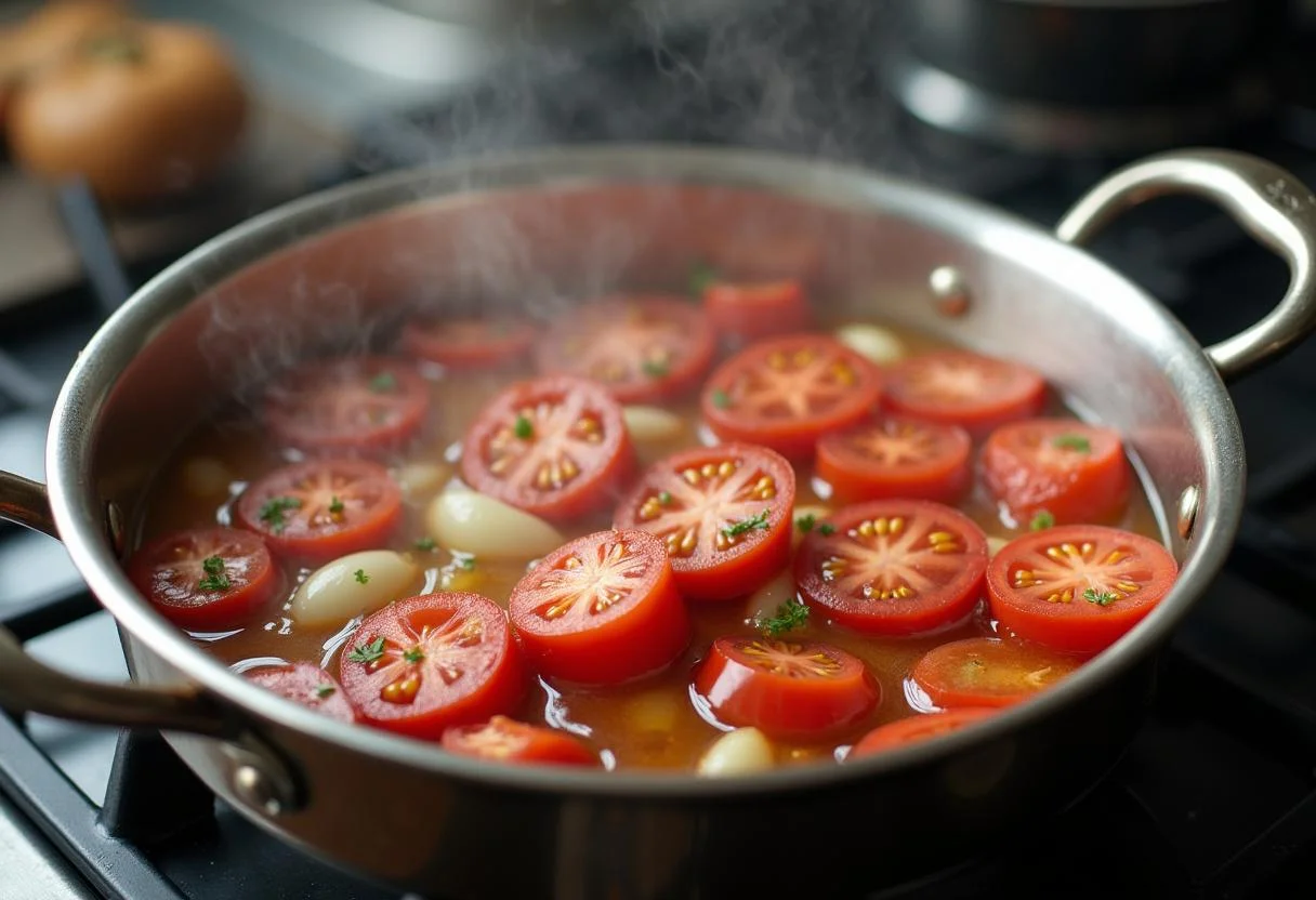 Tomates, alho e cebola cozinhando no fogão para molho caseiro italiano.