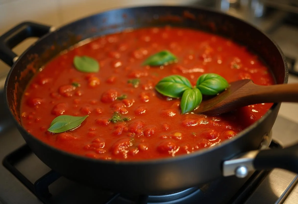 Molho de tomate caseiro italiano fervendo em uma panela.