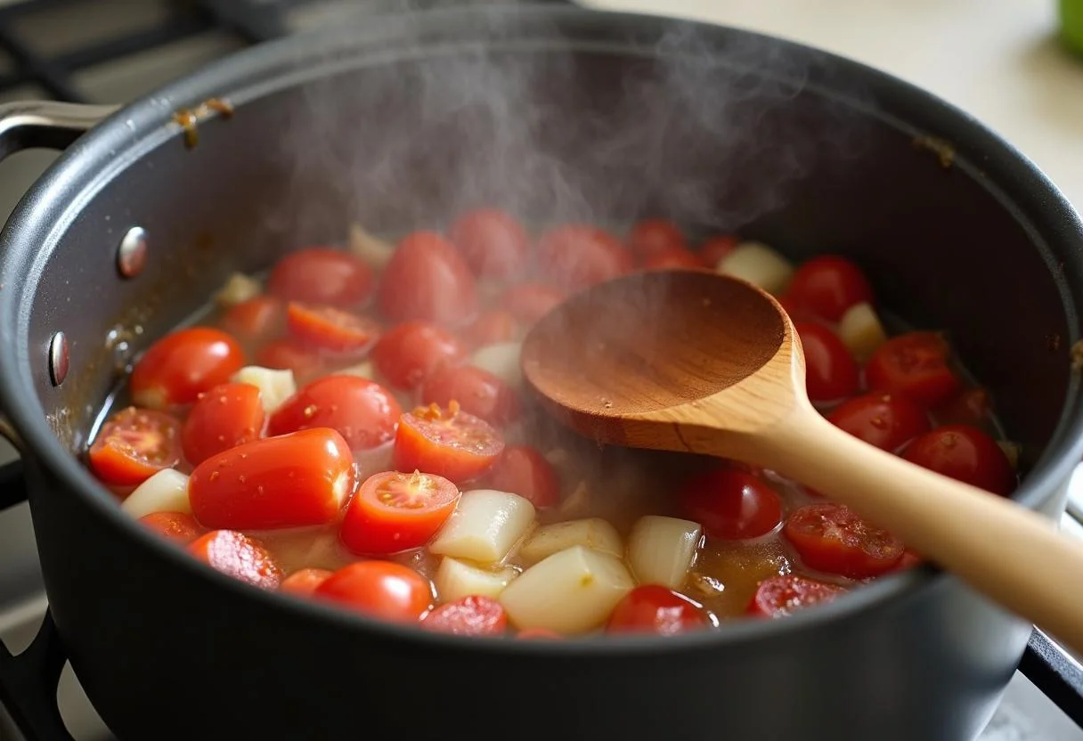Mistura de tomates, cebolas e alho sendo cozinhada para o tradicional molho de tomate Quero.