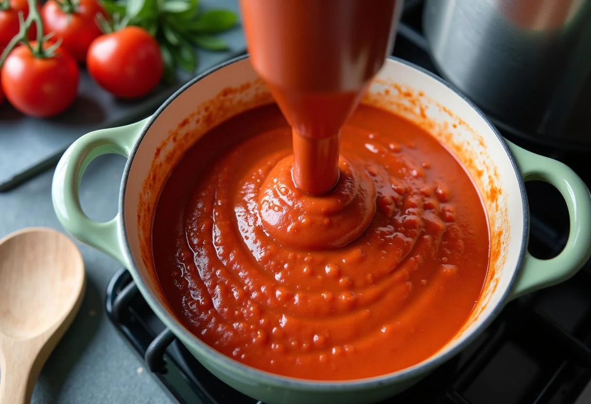Mistura de tomates sendo batida para criar o molho de tomate Quero aveludado.