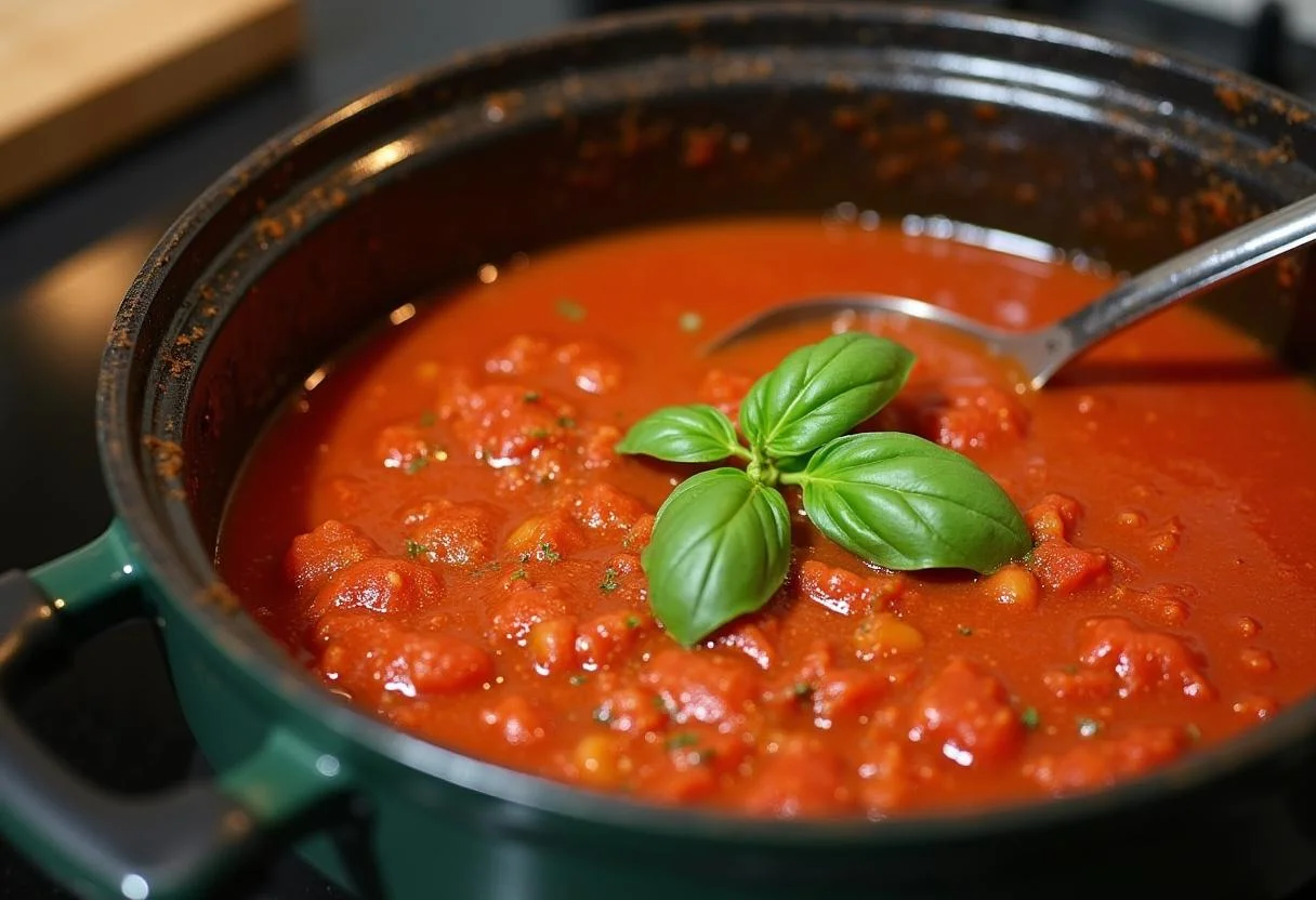 Molho de tomate Quero tradicionais sendo finalizado com manjericão fresco para intensificar o sabor.