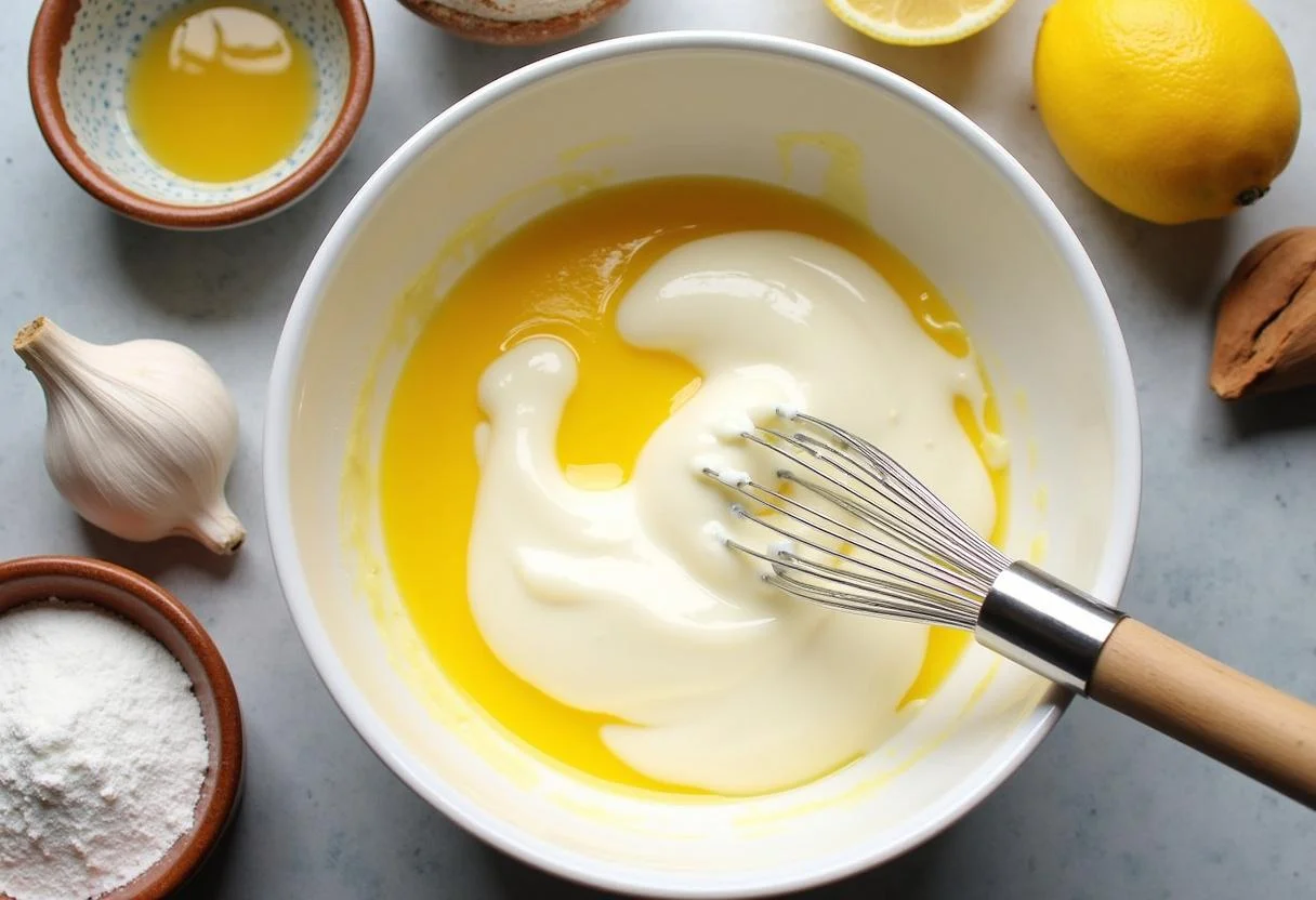 Mayonnaise and sour cream being blended for homemade molho batata frita.
