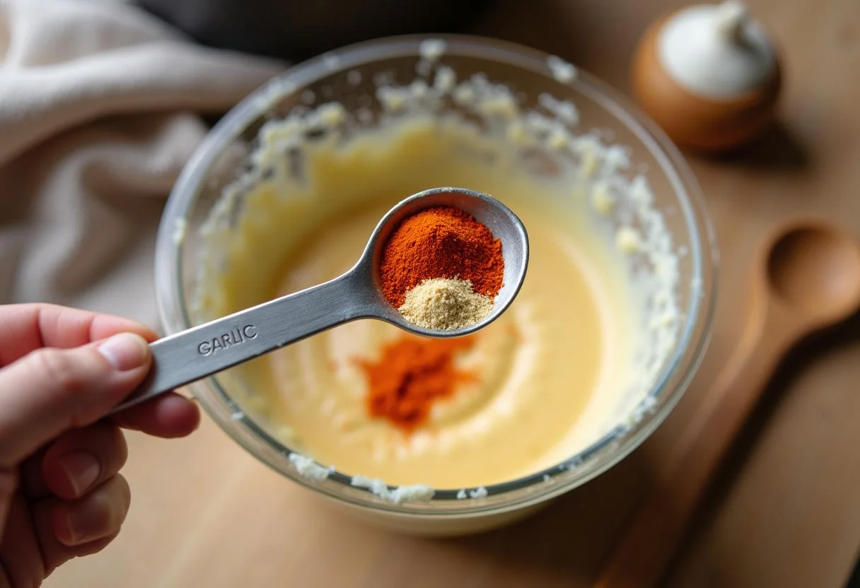 Spices added to creamy mixture for molho para batata frita caseiro preparation.