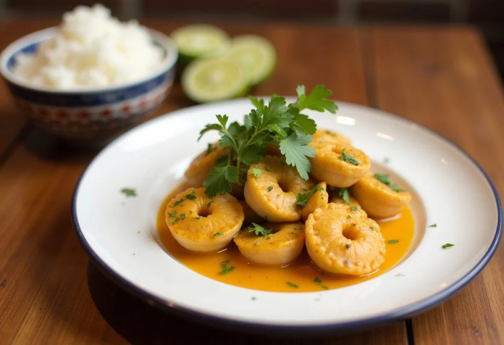 Moqueca de Camarão Baiana servida com arroz branco e limão, delícia ideal para uma refeição.