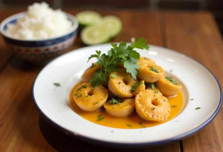 Moqueca de Camarão Baiana servida com arroz branco e limão, delícia ideal para uma refeição.