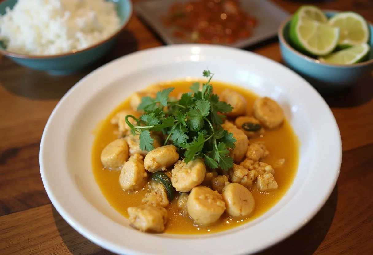 Moqueca de Camarão Baiana servida com arroz branco e limão, delícia ideal para uma refeição.