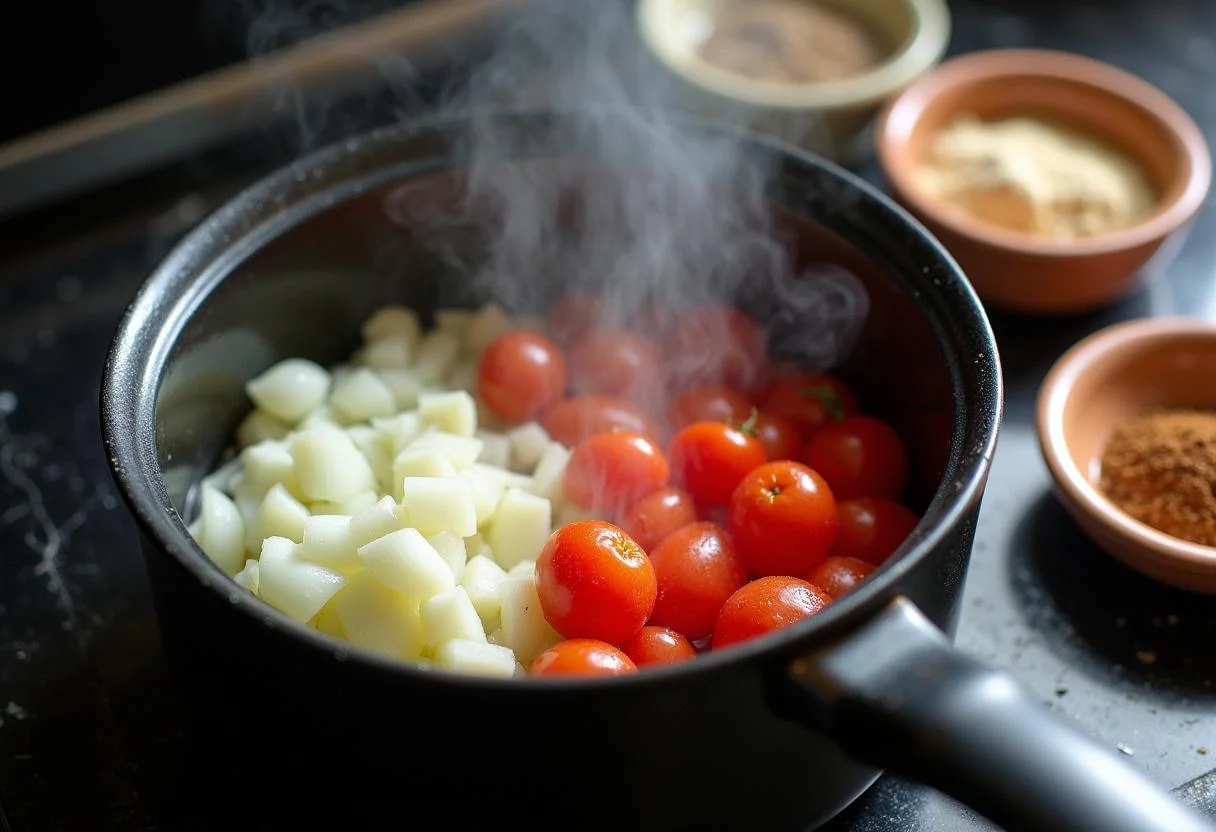 Cebolas e tomates refogando na panela para a receita de Moqueca de Camarão Baiana.