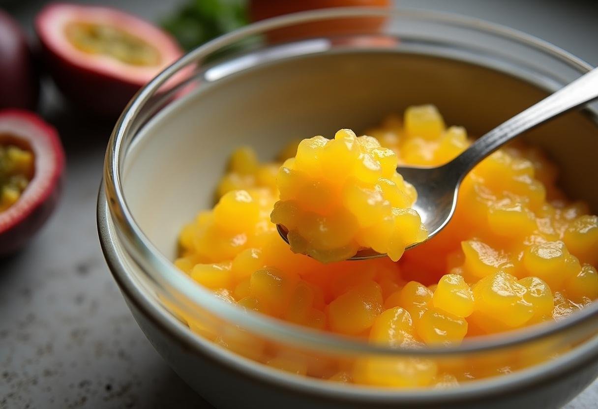 Polpa fresca de maracujá preparada para o mousse Trento de Maracujá.