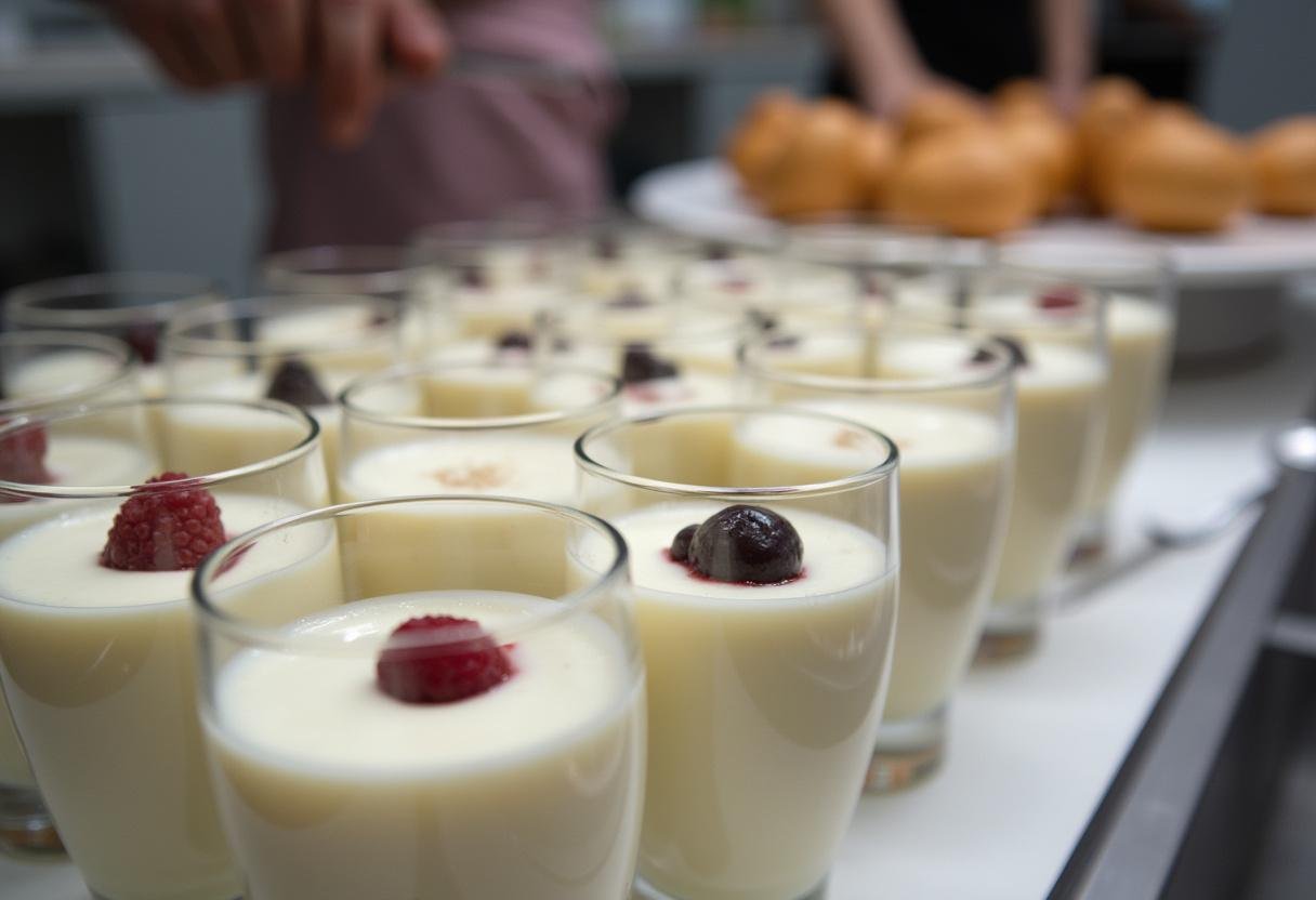 Enchendo taças de sobremesa com a mistura de mousse Trento de Maracujá para gelar.