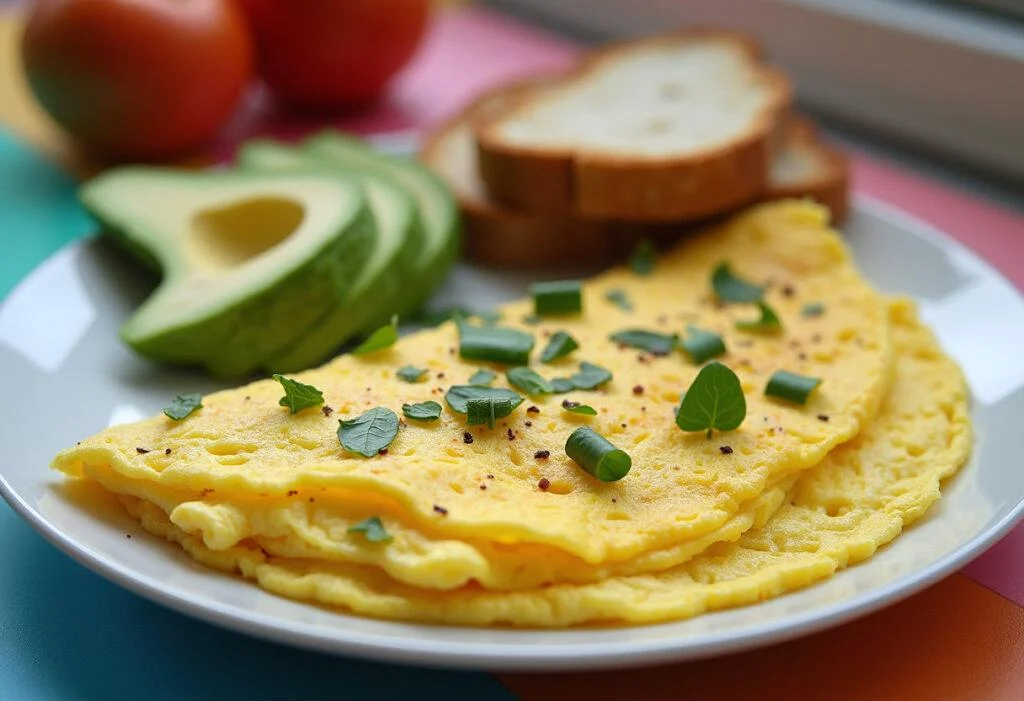 Omelete de clara de ovo pronta para servir, decorada com ervas frescas e acompanhada de abacate.