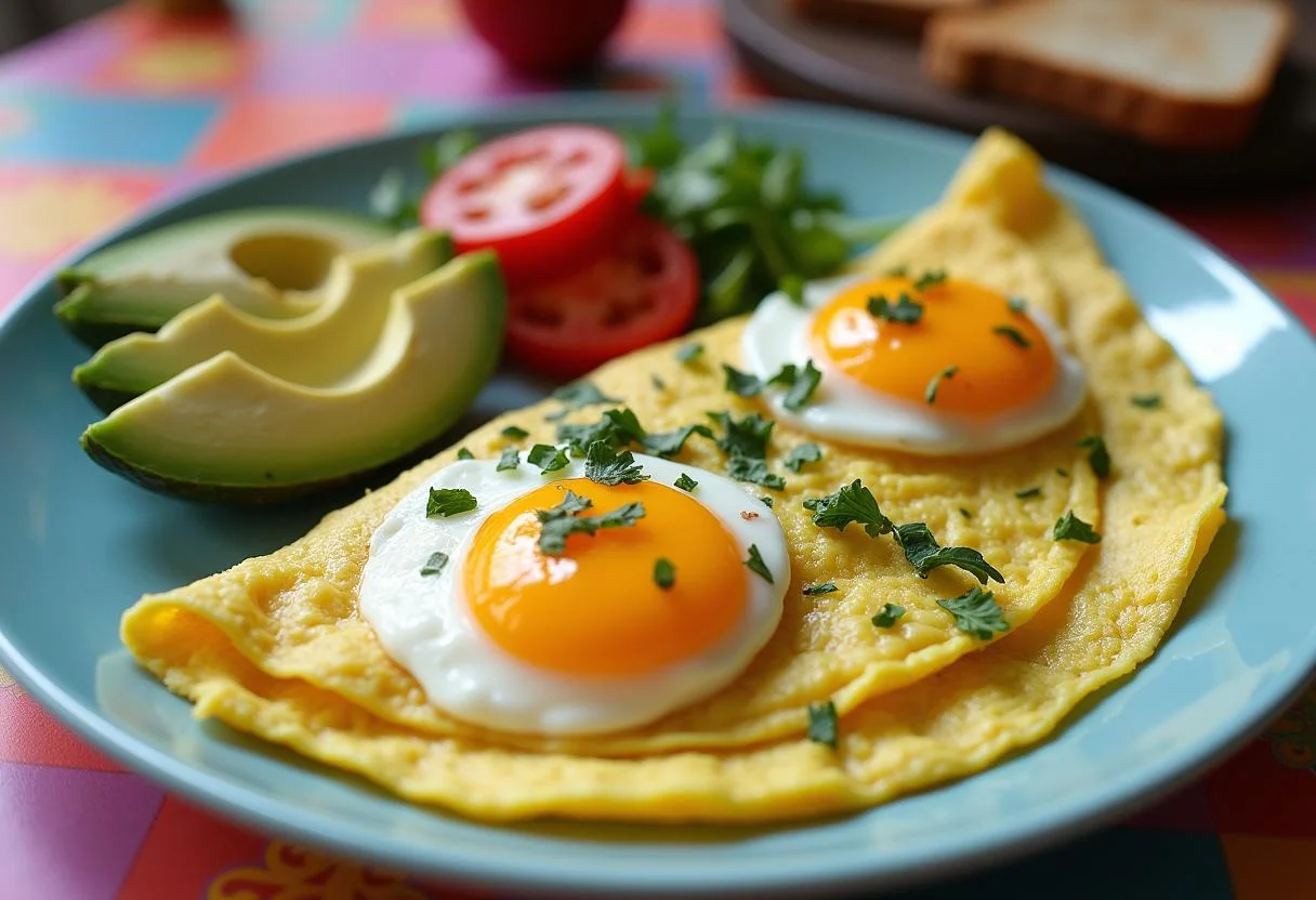 Omelete de clara de ovo pronta para servir, decorada com ervas frescas e acompanhada de abacate.