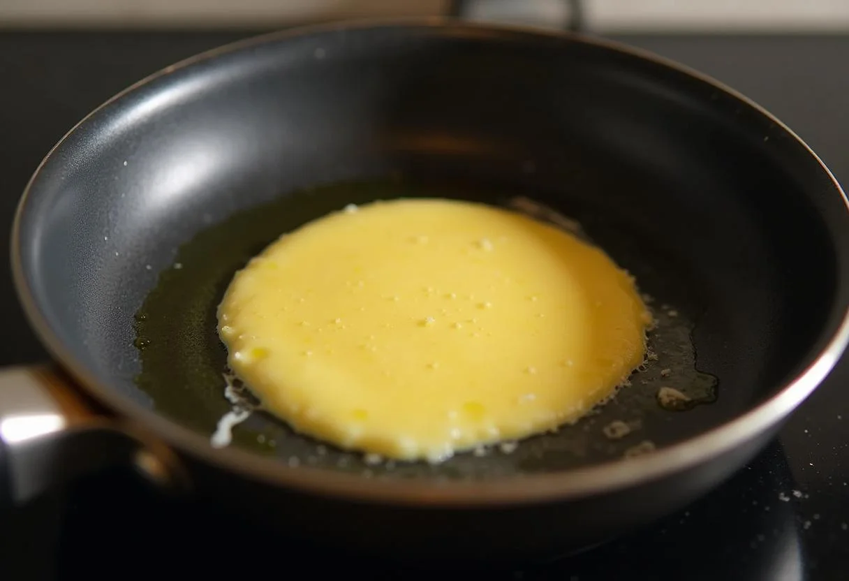 Frigideira antiaderente aquecendo para preparar omelete de clara de ovo.