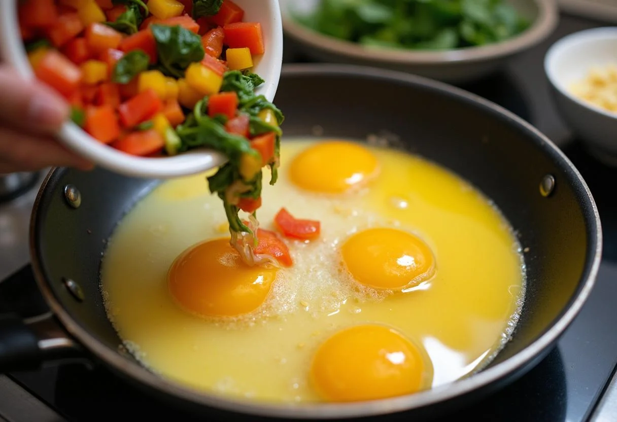 Clara de ovo cozinhando na frigideira com legumes sendo adicionados para omelete de clara de ovo.