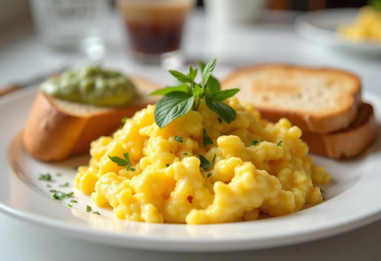 Ovo mexido pronto para servir, uma escolha deliciosa e saudável para quem pode comer macarrão com diarreia.