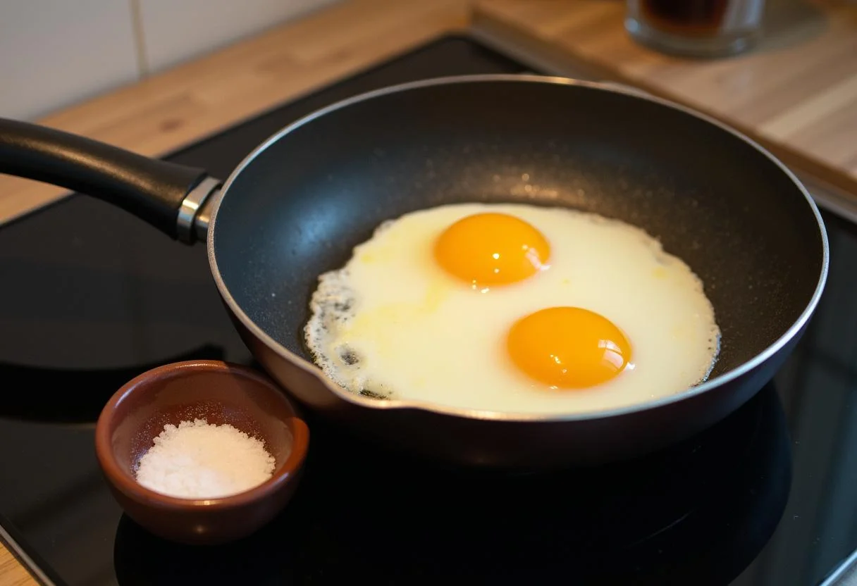 Frigideira quente pronta para cozinhar ovo mexido, saudável para quem pode comer macarrão com diarreia.