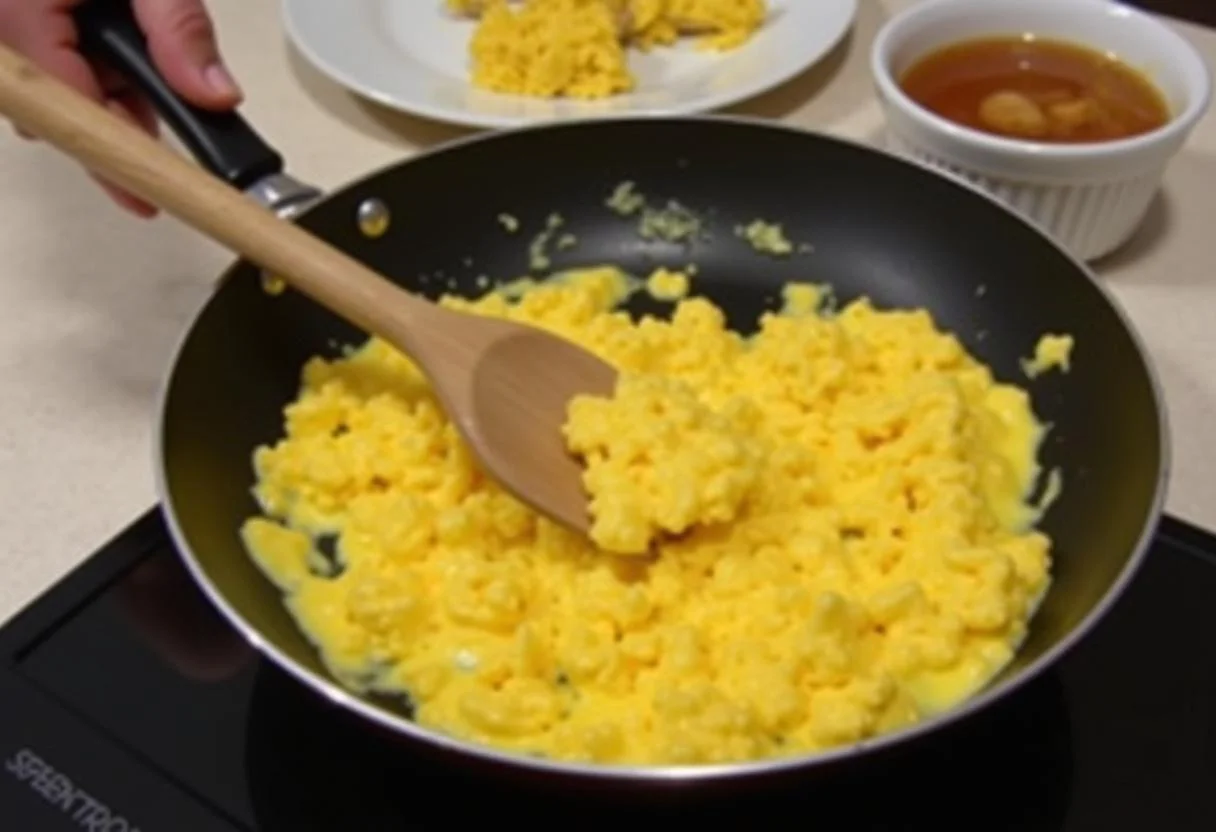 Ovo mexido sendo mexido na frigideira, uma refeição ideal para quem pode comer ovo com diarreia.