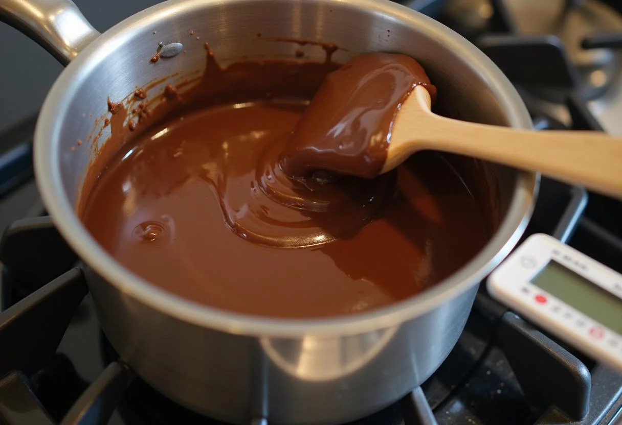 Chocolate derretido sendo colocado em moldes para fazer Ovo de Pascoa Caseiro, ideal para embalagem ovo de colher.