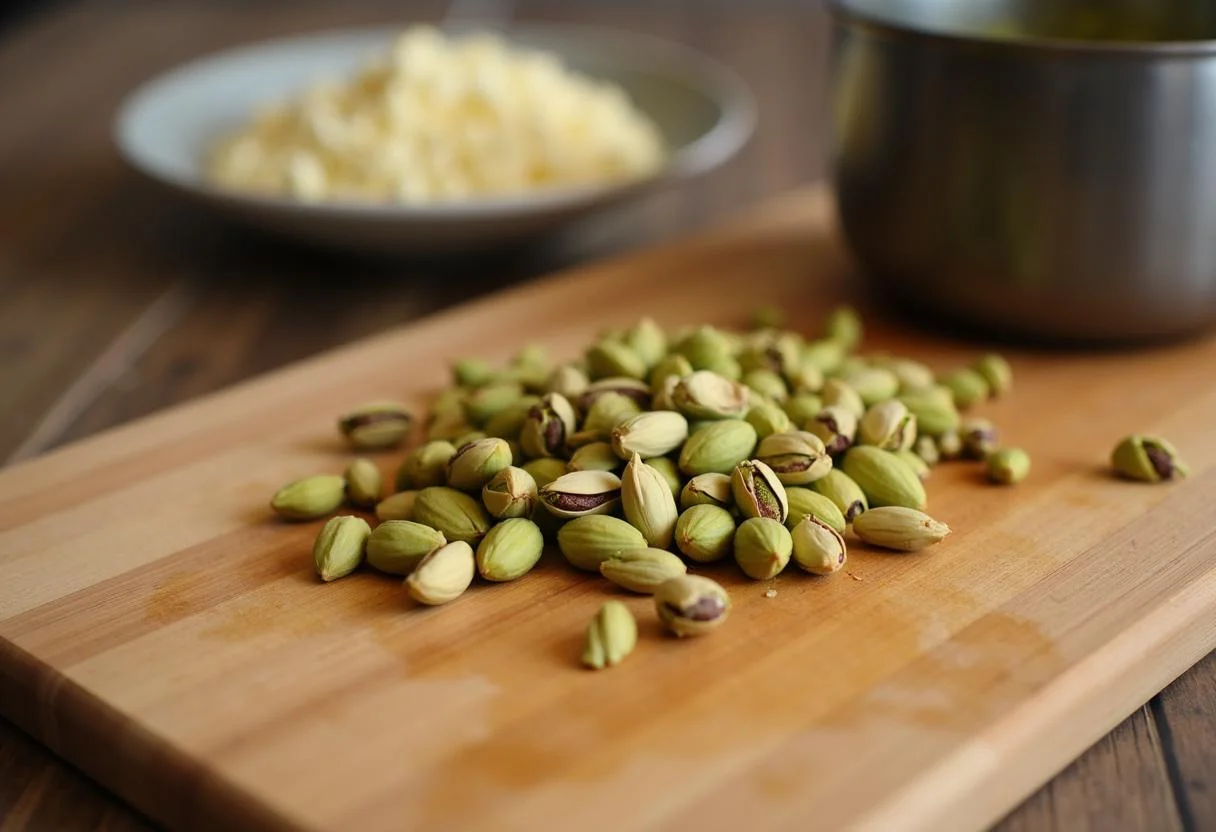 Pistachios being chopped for ovo de páscoa pistache preparation.