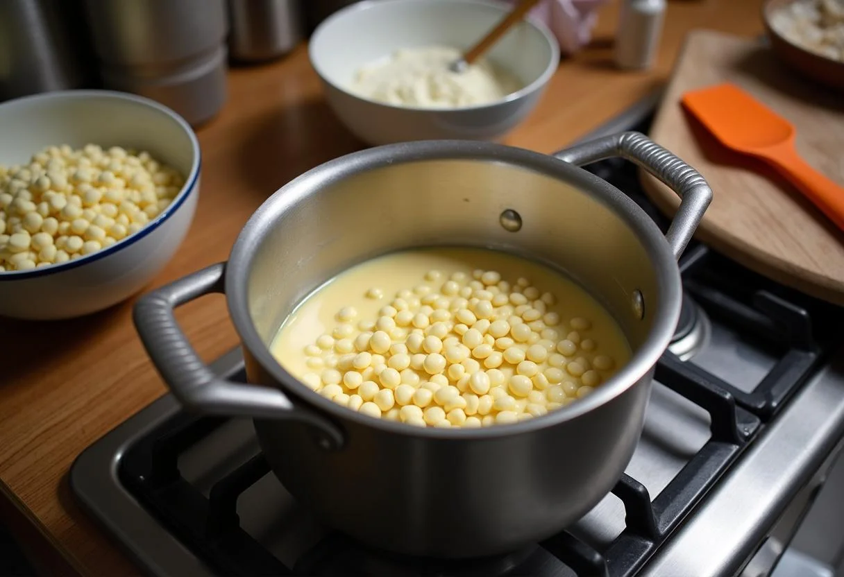 Melting white chocolate for chocolate com pistache ovo de páscoa.