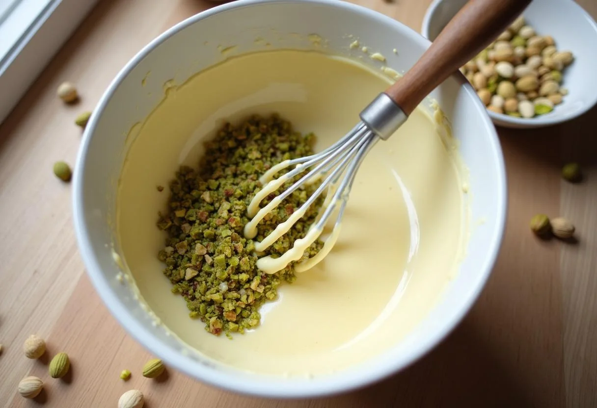White chocolate and pistachios mixture for chocolate de pistache ovo de páscoa.