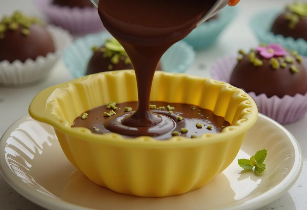 Filling the egg mold with pistache mixture for ovo de páscoa chocolate branco.