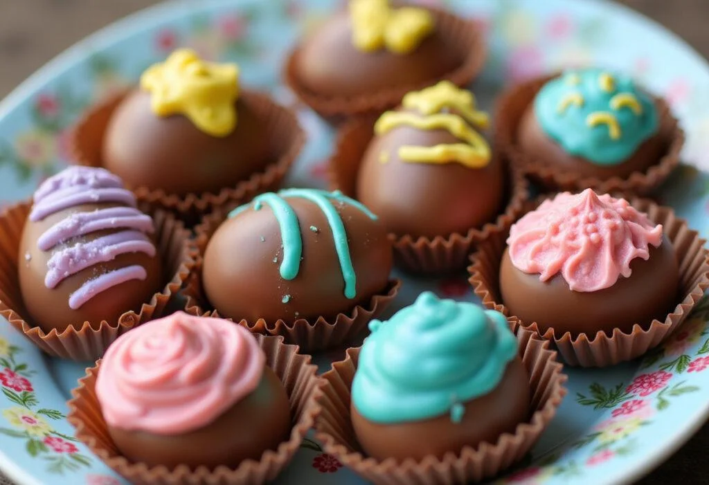 Ovos de páscoa de chocolate prontos, decorados e dispostos em uma bandeja festiva.