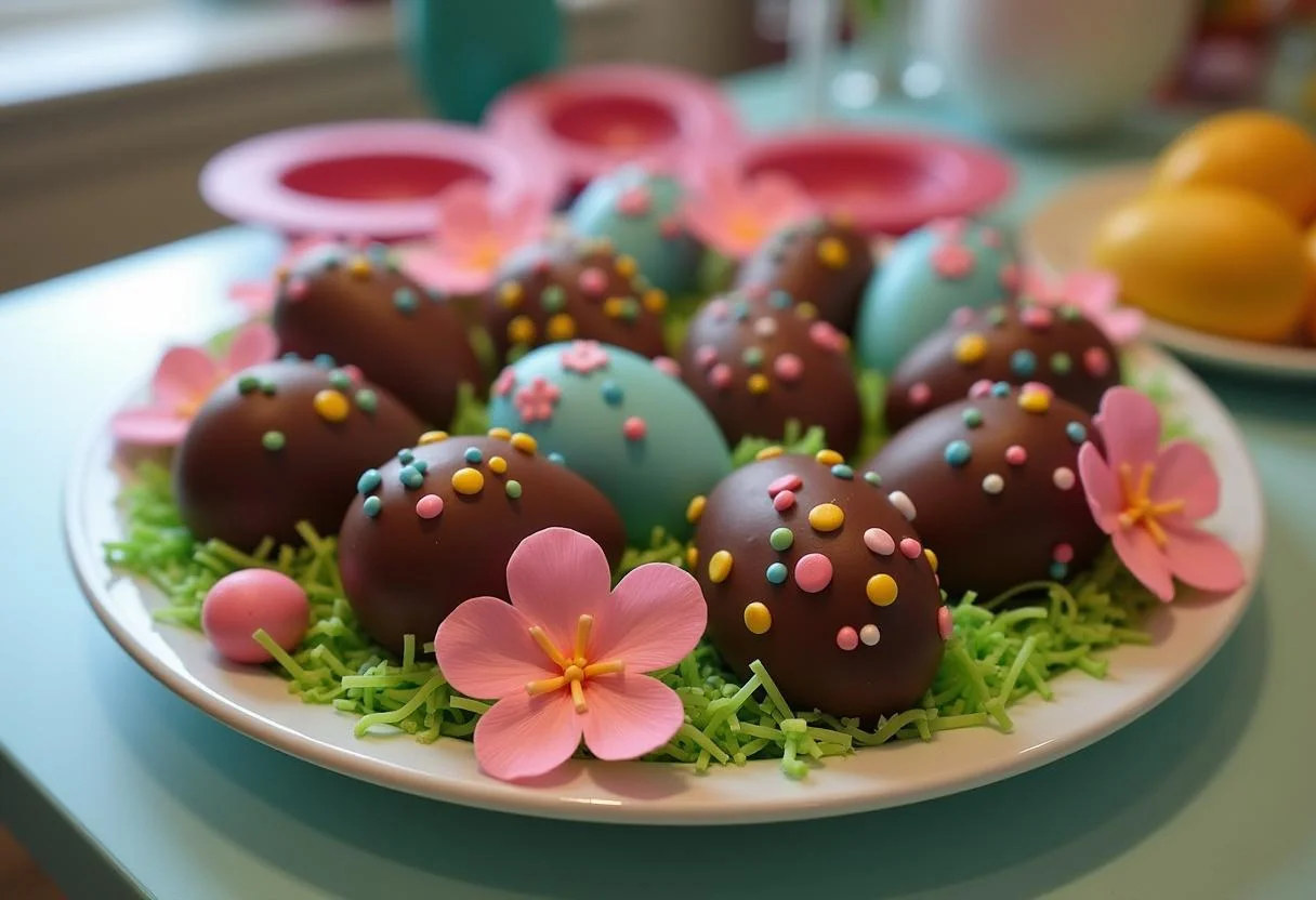 Ovos de páscoa de chocolate prontos, decorados e dispostos em uma bandeja festiva.