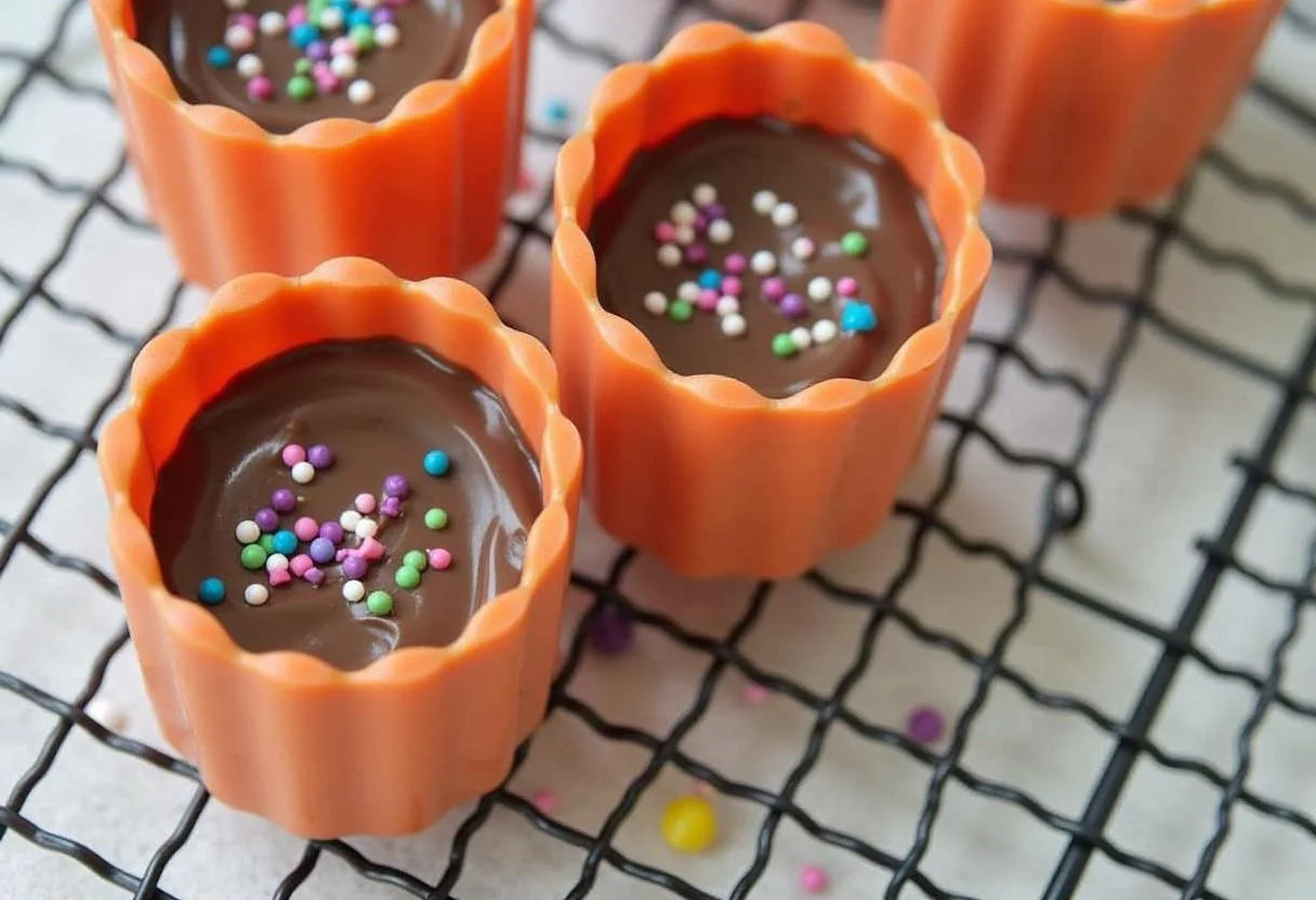 Formas de ovo de páscoa silicone recheadas com chocolate, prontas para resfriar.