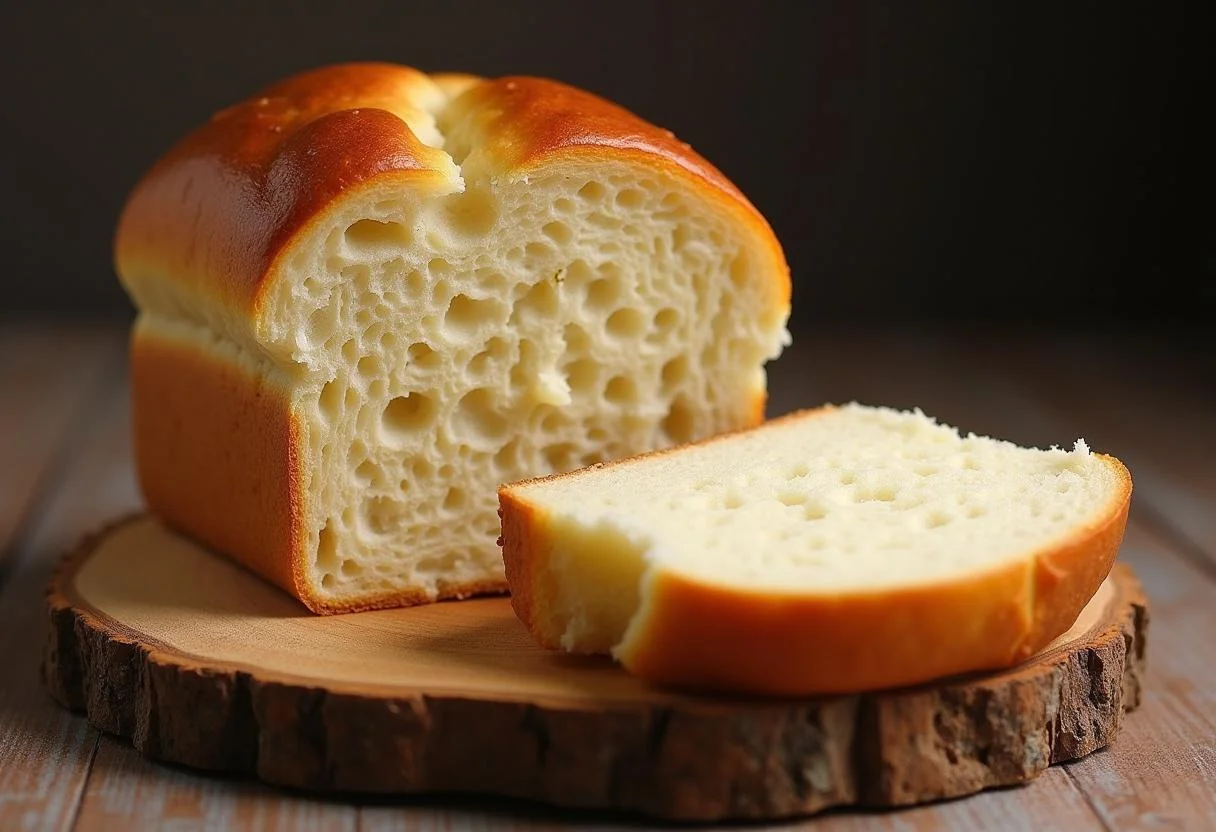Pão panco caseiro recém-assado com crosta dourada e miolo macio.