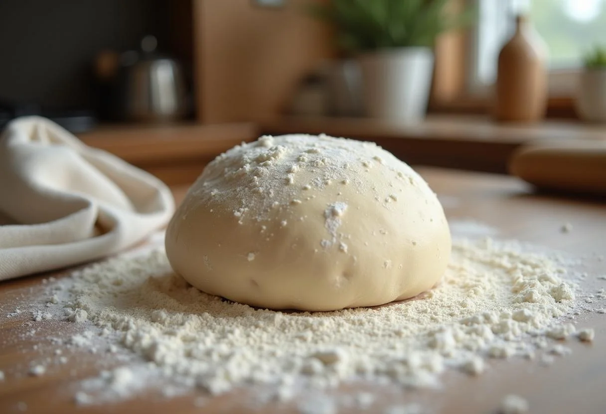 Massa de pão panco caseiro descansando para crescer em uma superfície enfarinhada.