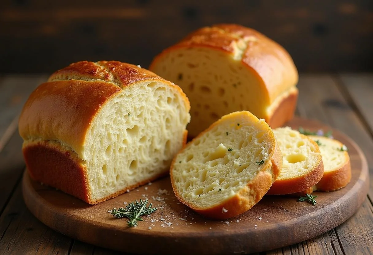 Pão Visconti caseiro pronto para servir, com manteiga e ervas ao lado.