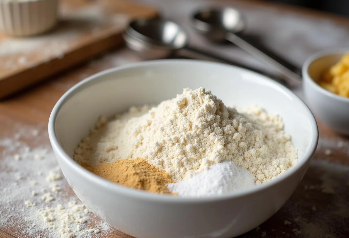 Ingredientes de pão Visconti em uma tigela: farinha integral, fermento e açúcar.