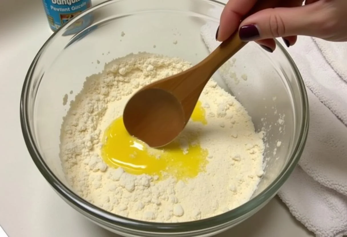 Mistura de água morna e azeite sendo adicionada aos ingredientes secos para o pão Visconti.