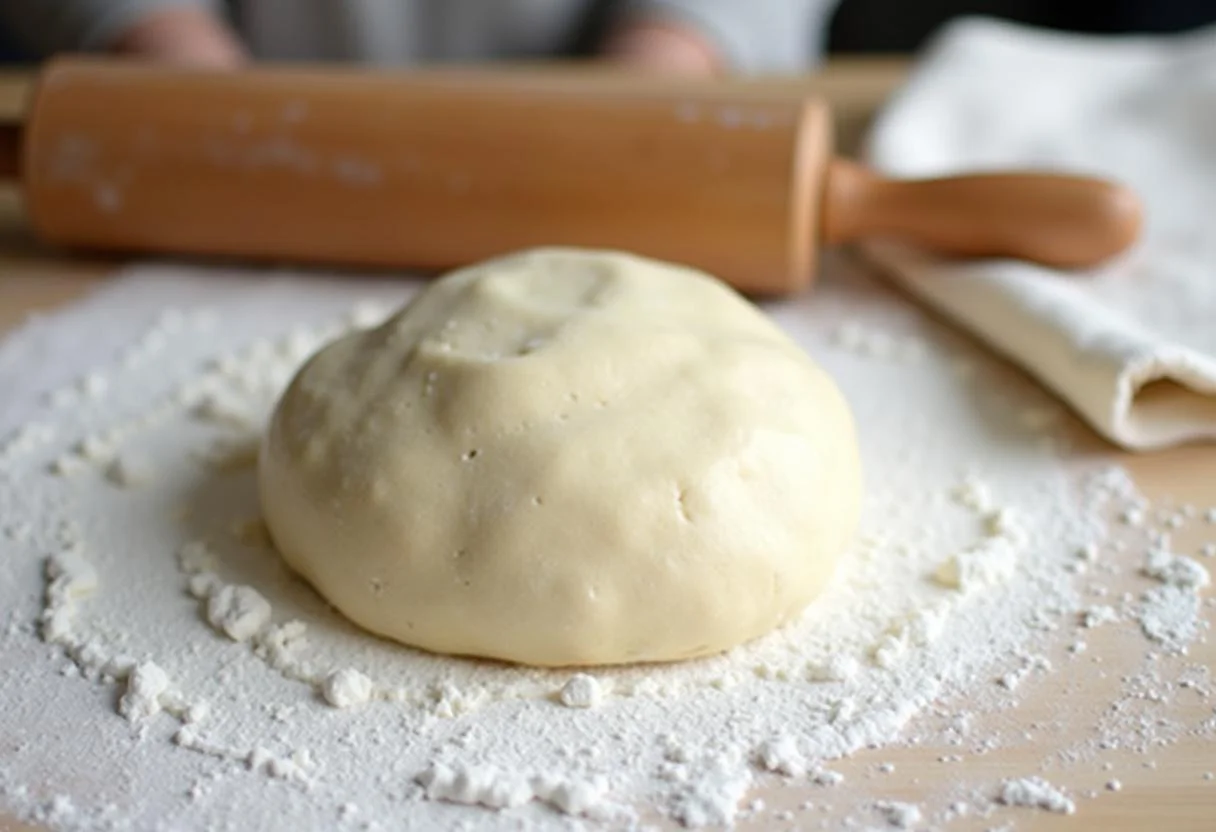 Massa de pão Visconti sendo amassada em uma superfície enfarinhada, pronta para crescer.