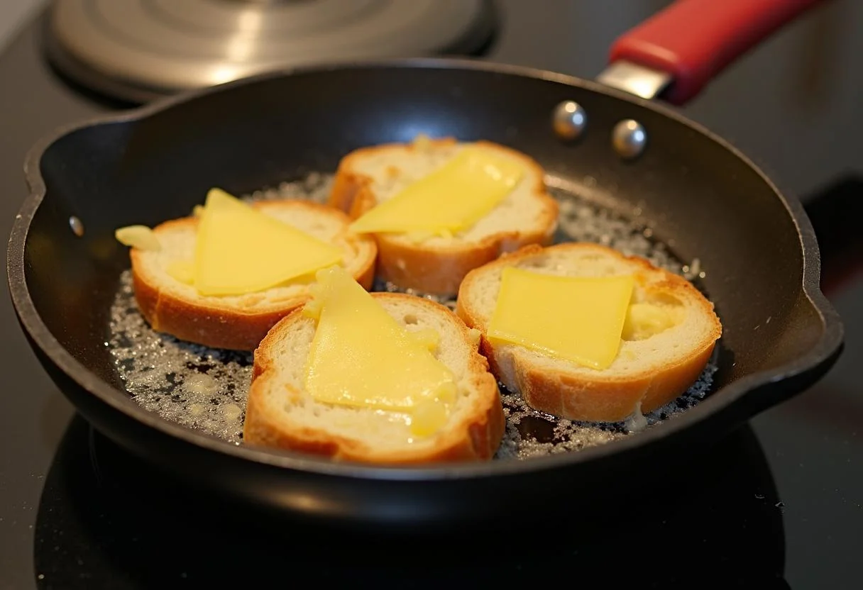 Preparando um pão com queijo na frigideira, mostrando as calorias de um pão com queijo sendo aquecido.