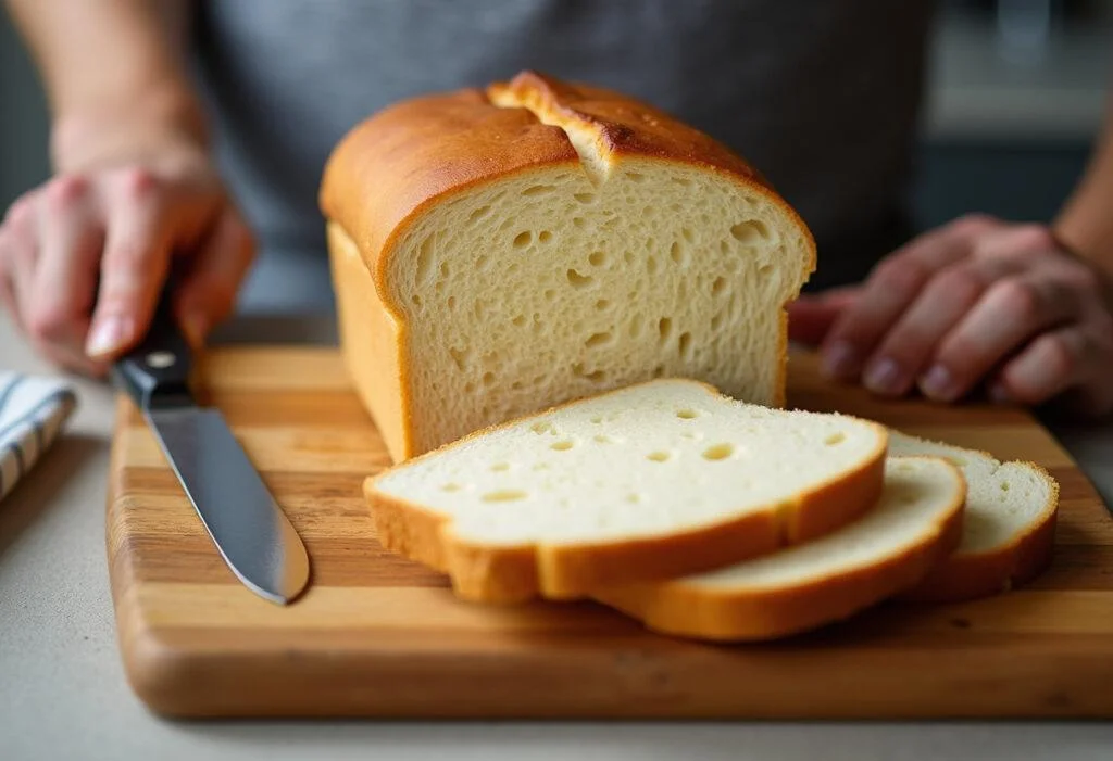 Pão de forma sem glúten caseiro recém-assado, fatiado e macio, ideal para o café da manhã.