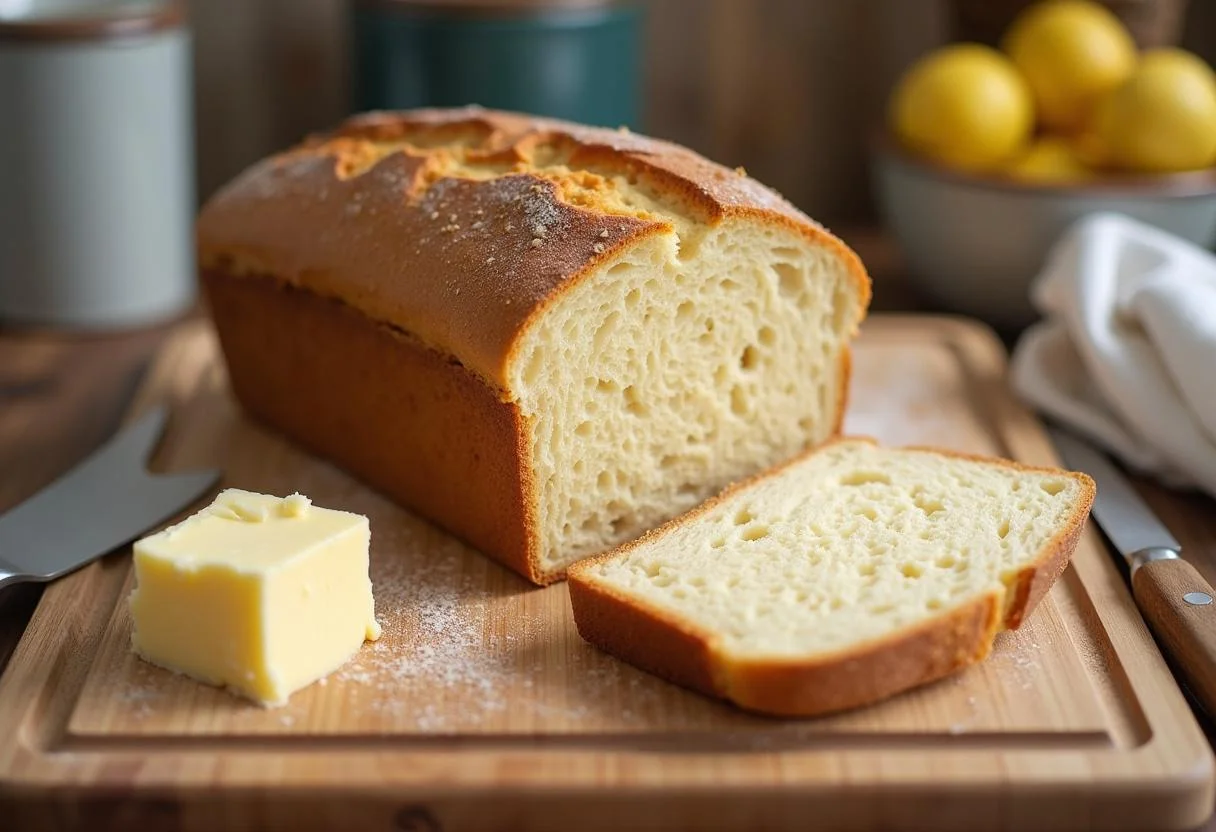 Pão de forma sem glúten caseiro recém-assado, fatiado e macio, ideal para o café da manhã.