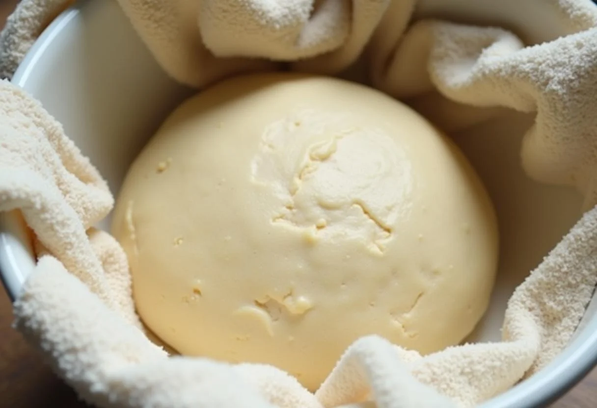 Massa de pão de forma sem glúten caseiro mostrando textura suave e pegajosa.