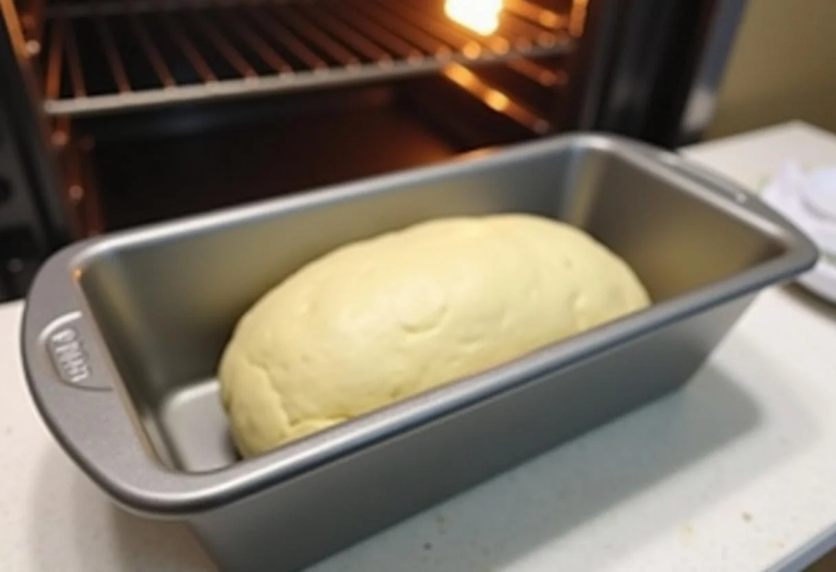 Forma sendo preenchida com massa de pão de forma sem glúten caseiro, pronta para assar.
